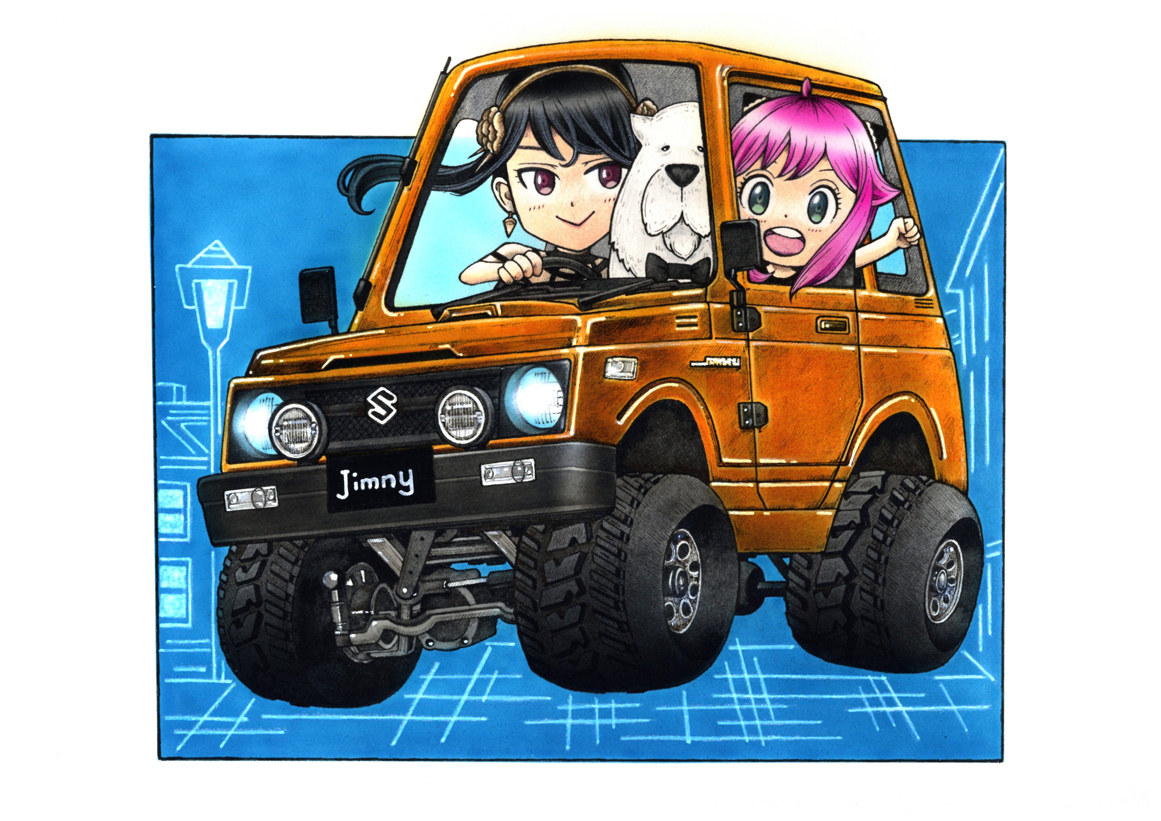 ジムニーとスパイファミリーのデフォルメ車絵イラスト