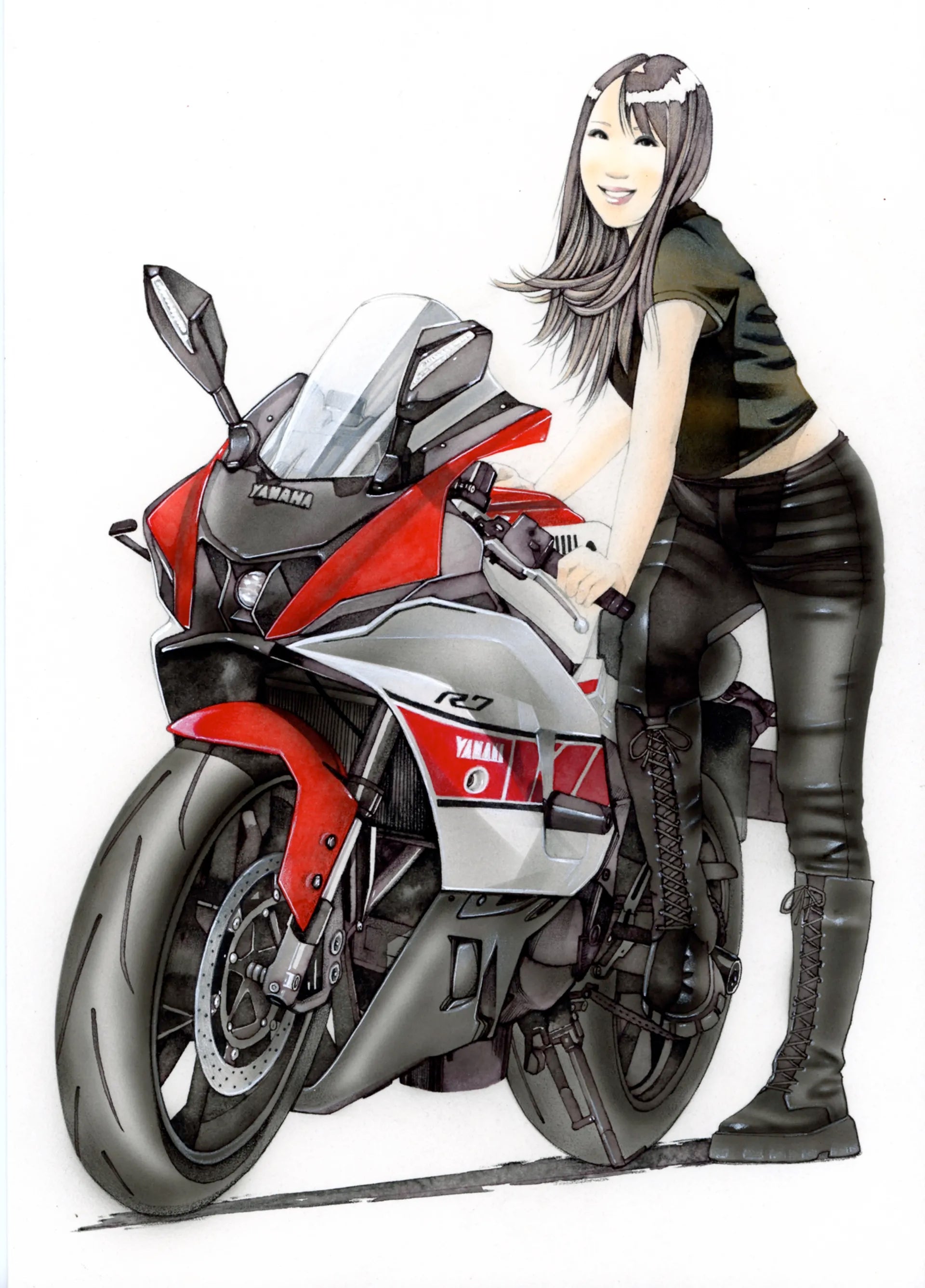 YZF-R7と女性のバイク絵イラスト