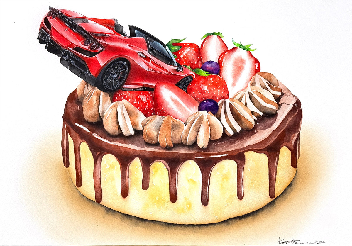ケーキとフェラーリの水彩画