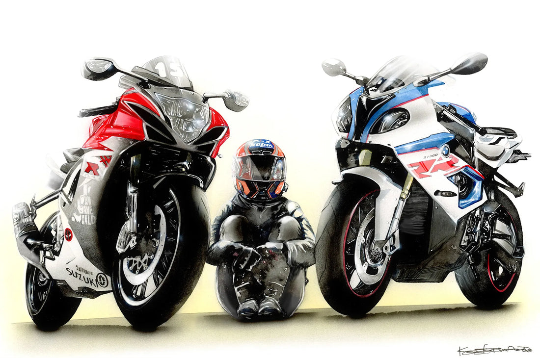 バイクとライダーを描いた手描きオーダーイラスト