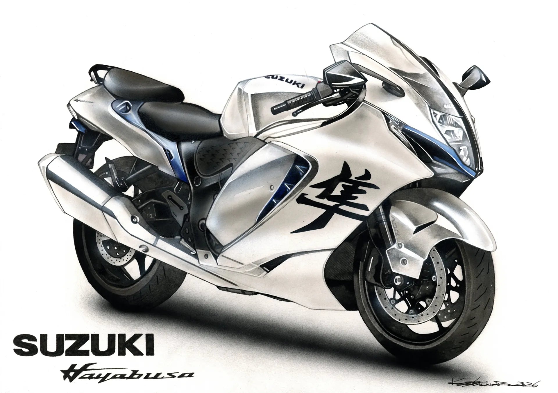 スズキ隼の手描きバイク絵イラスト