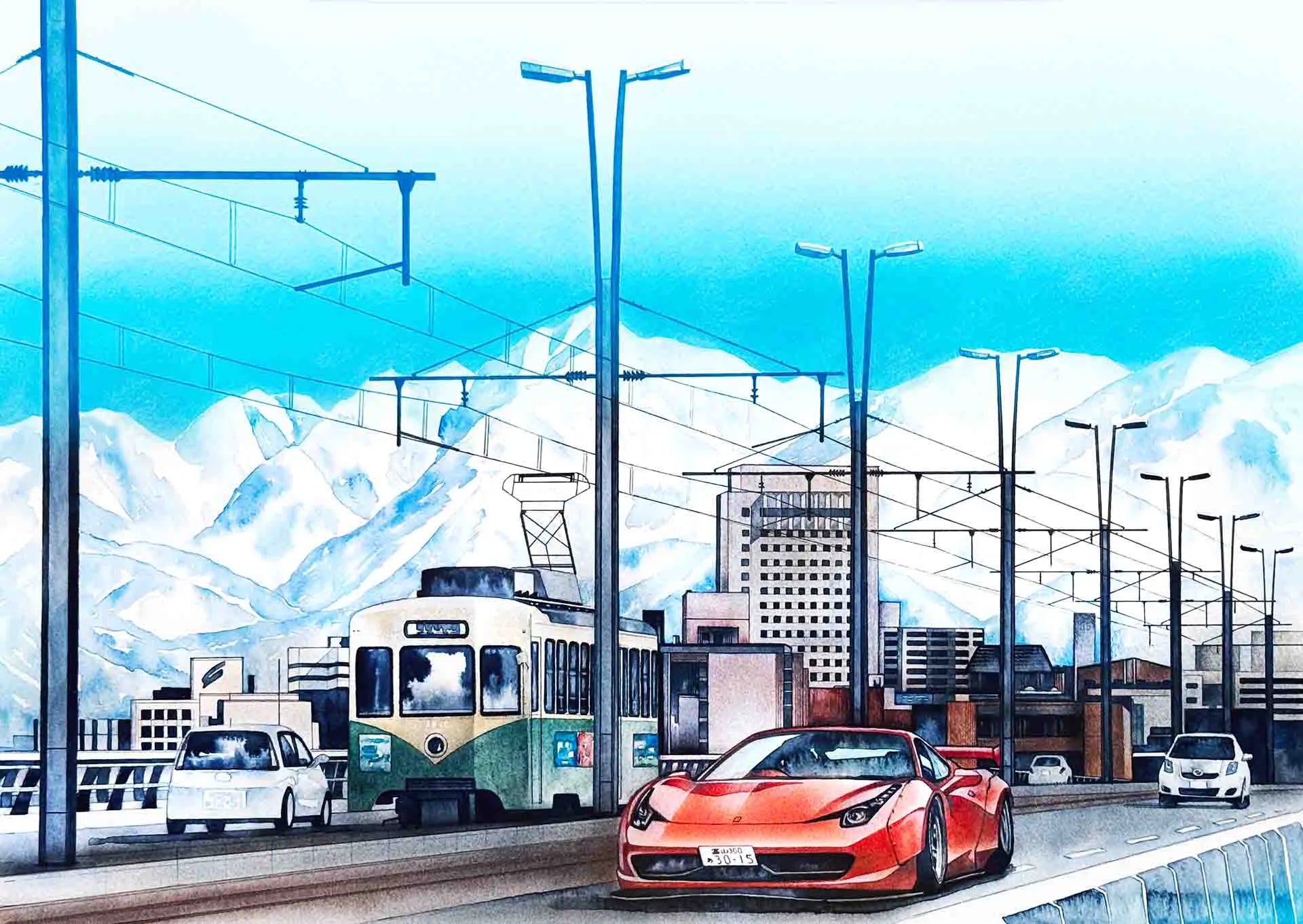 フェラーリと富山大橋を描いた手描き水彩画