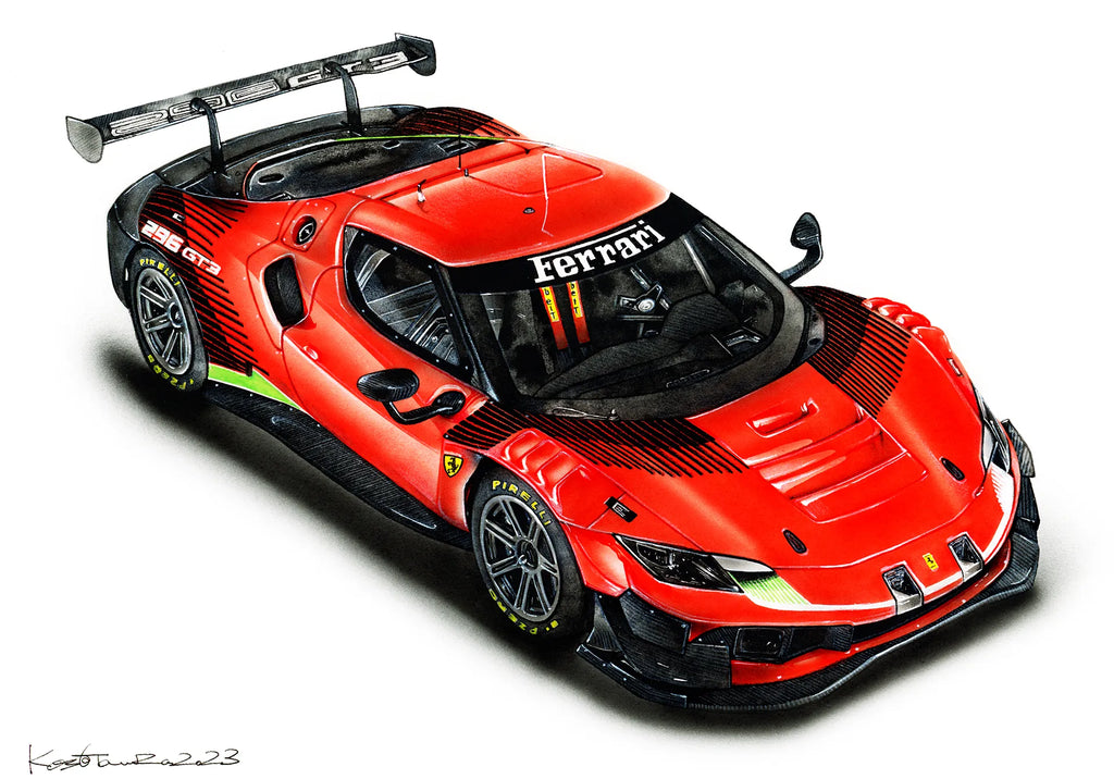 フェラーリ296gt3のリアルな水彩画イラスト