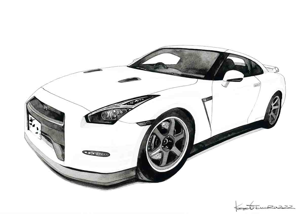 R35GT-Rの墨絵手描きイラスト