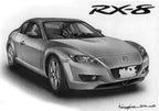 手描きで精密に描写されたマツダRX8のモノクロイラスト作品