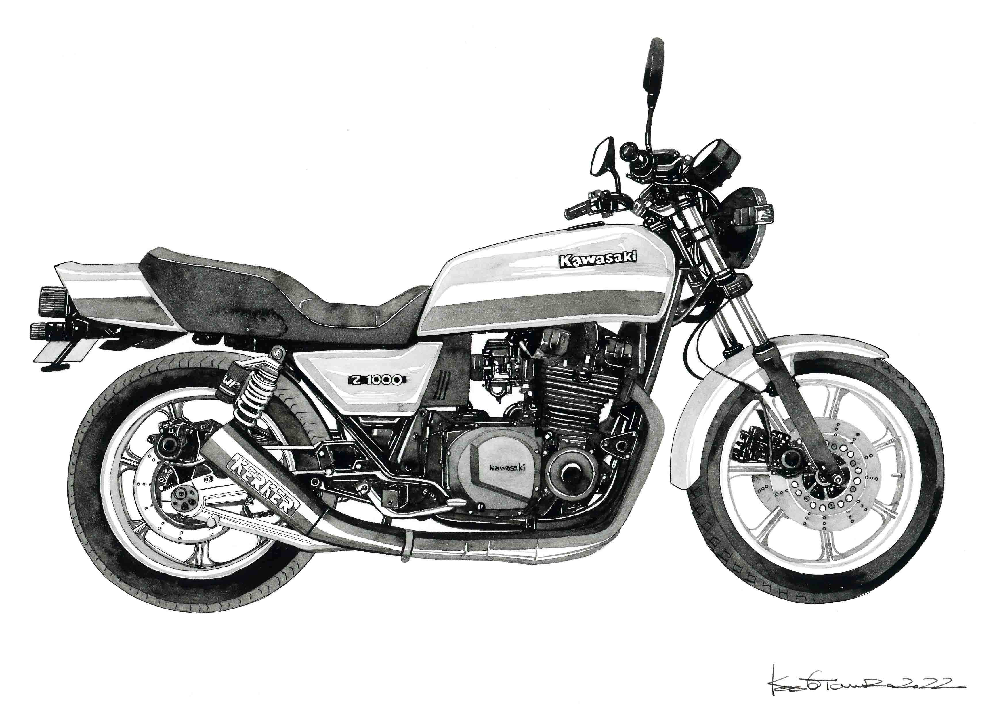 カワサキZ1000を精密に描いたモノクロの手描きイラスト作品。エンジンやブレーキキャリパーまで細かく描き込んだ絵。
