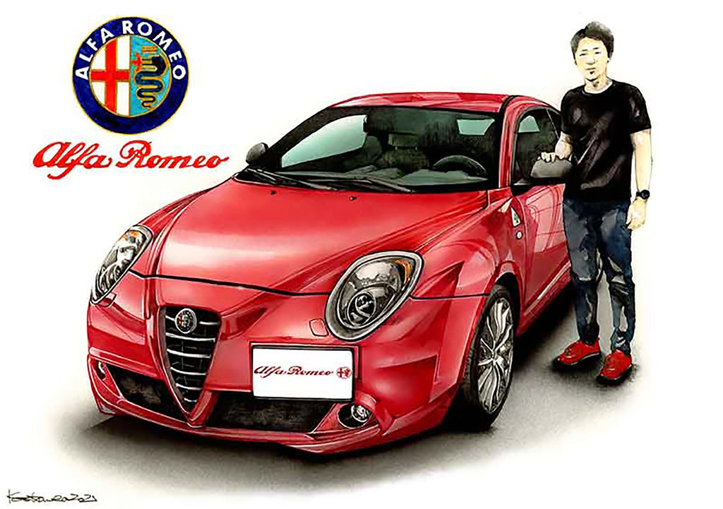 アルファロメオミトとオーナーの車絵イラスト