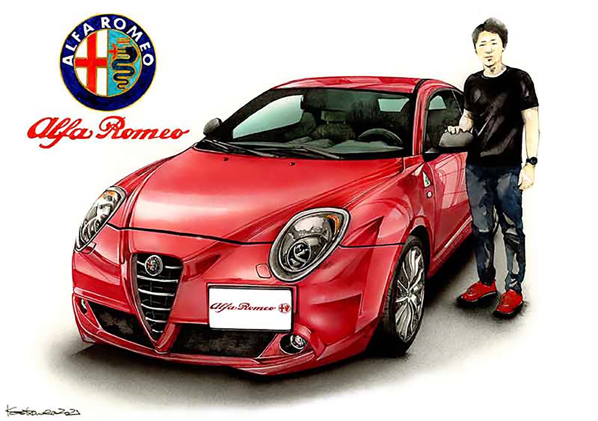 アルファロメオミトとオーナーの車絵イラスト