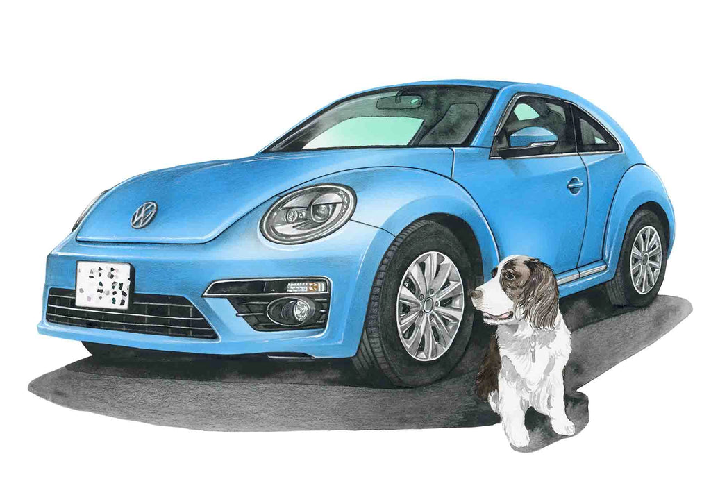 フォルクスワーゲンビートルと愛犬の水彩画イラスト