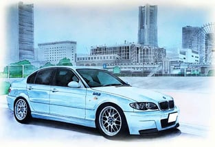 白いBMWと横浜みなとみらいの風景画