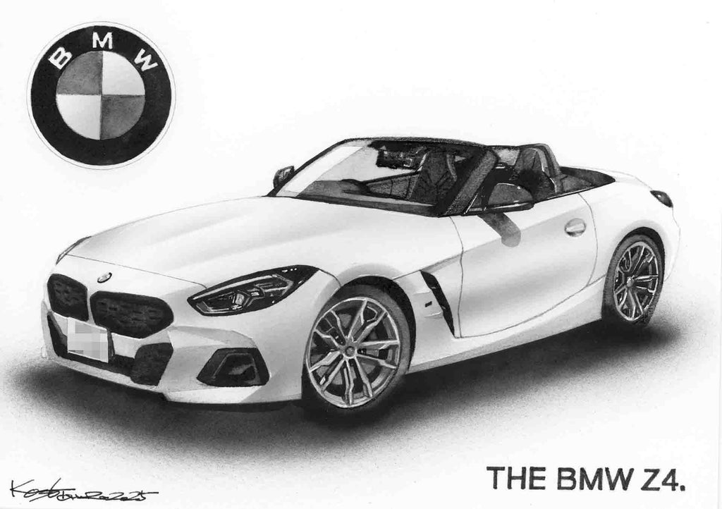 墨で描かれたZ4のモノクロイラスト｜精密な自動車アート作品