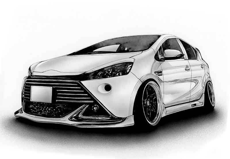 墨の濃淡で立体感を表現したリアルな車の手描きモノクロイラスト