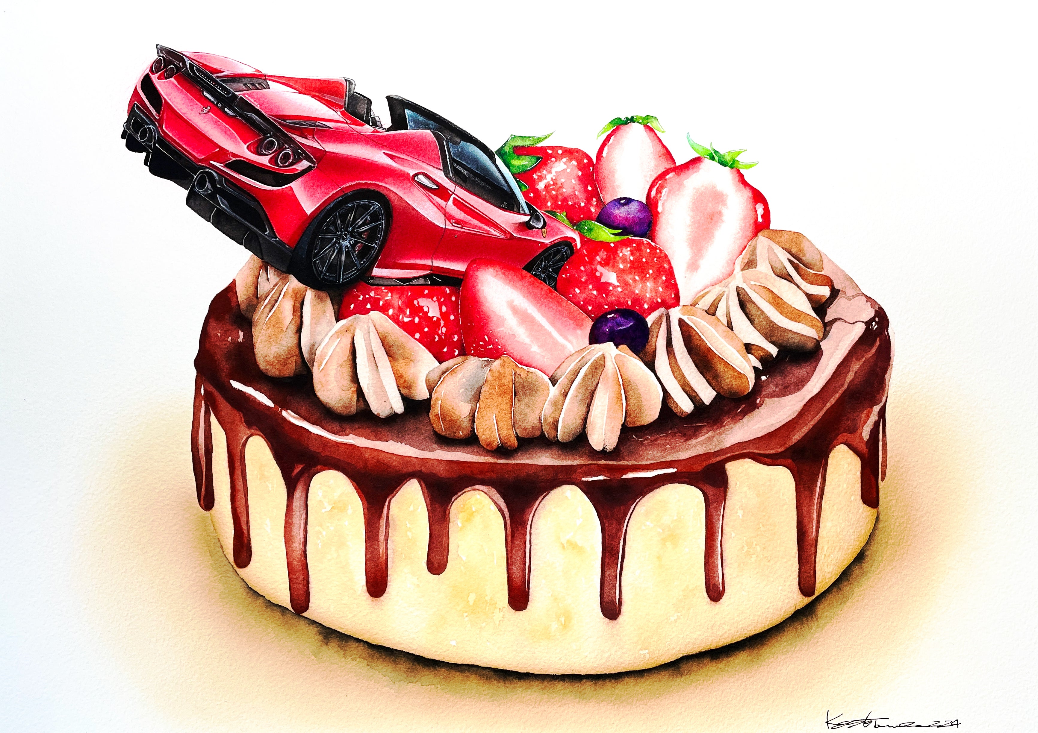 チョコレートケーキとフェラーリF8のイラスト