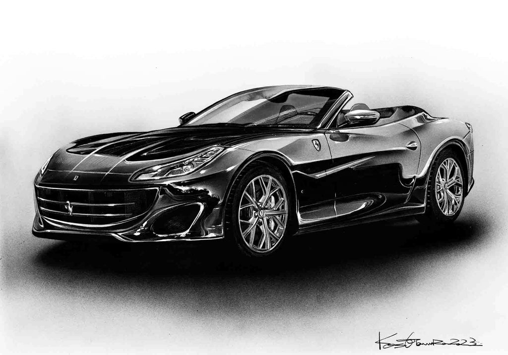 墨の濃淡で立体感を表現したリアルなフェラーリの手描きモノクロイラスト