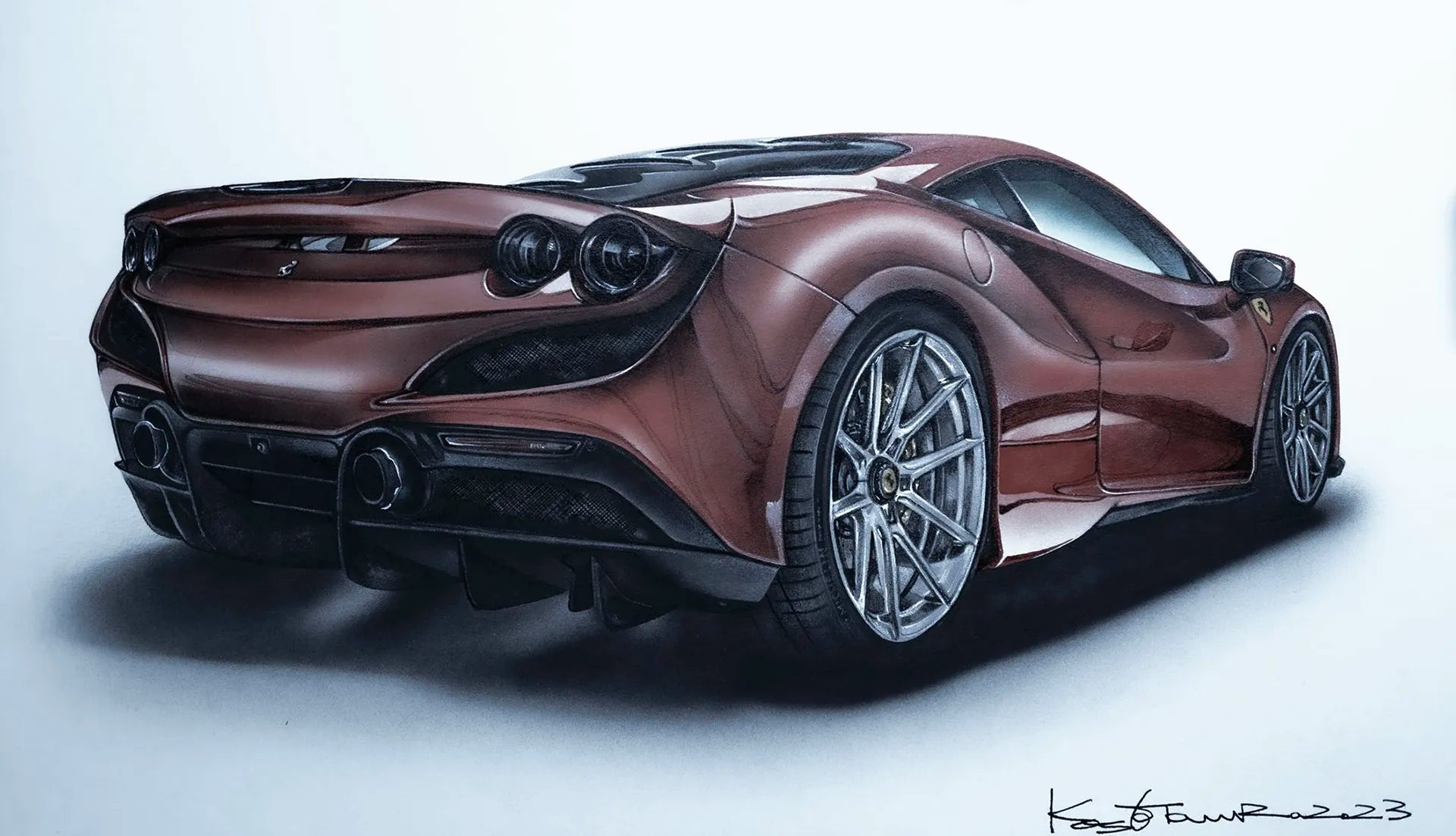 フェラーリF8トリブートの水彩エアブラシアート