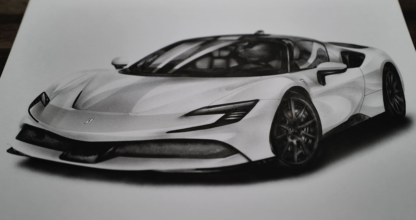 手描きでリアルに描かれたフェラーリのモノクロイラスト｜精密な自動車アート作品