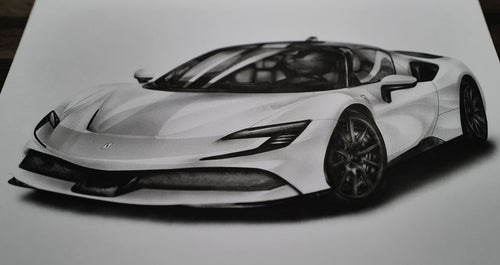 手描きでリアルに描かれたフェラーリのモノクロイラスト｜精密な自動車アート作品