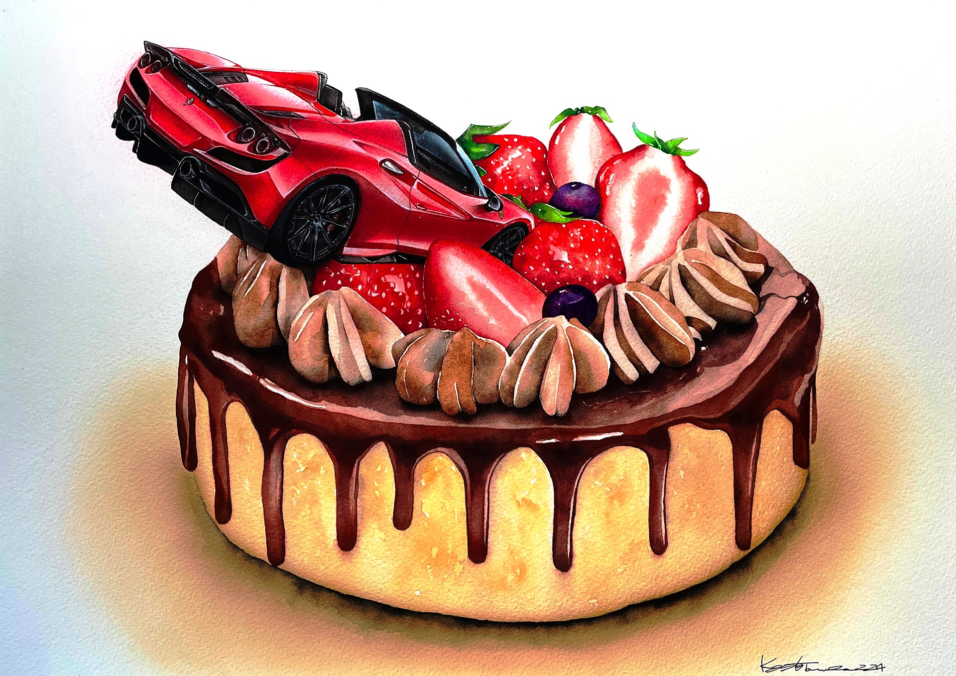 チョコレートケーキとフェラーリF8のイラスト