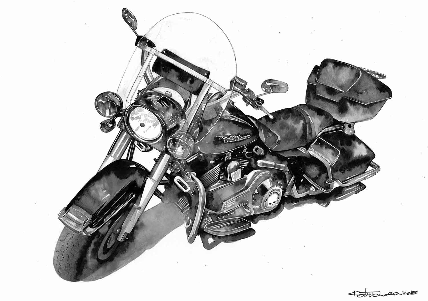 ハーレーを精密に描いたモノクロの手描きイラスト作品。重厚な車体と装備のディテールが際立つ絵。