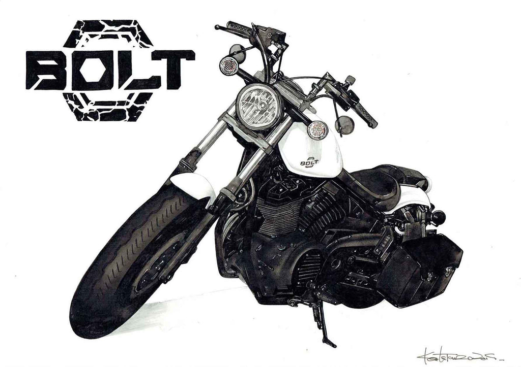ハーレーを精密に描いたモノクロの手描きイラスト作品。重厚な車体と装備のディテールが際立つ絵。