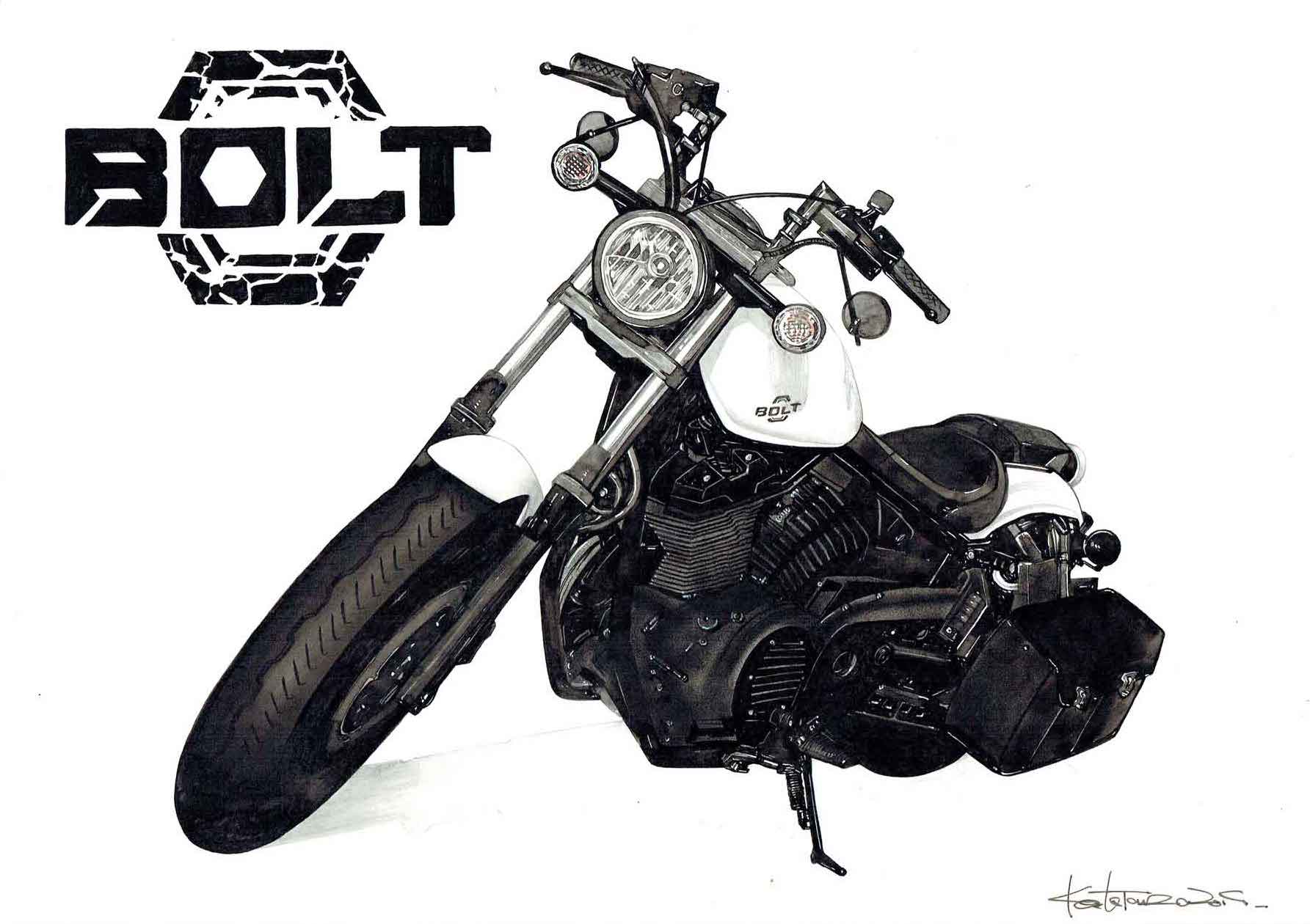 ハーレーを精密に描いたモノクロの手描きイラスト作品。重厚な車体と装備のディテールが際立つ絵。