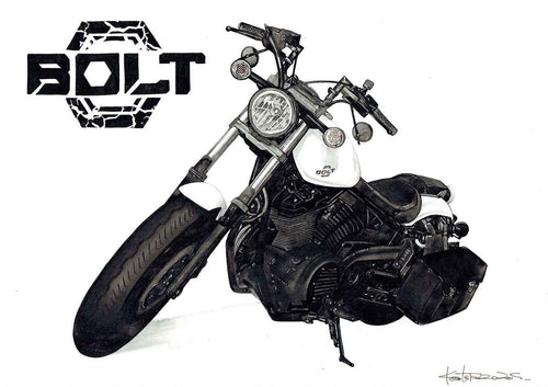 ハーレーを精密に描いたモノクロの手描きイラスト作品。重厚な車体と装備のディテールが際立つ絵。