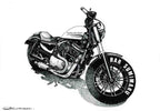 バイクイラスト 手描き モノクロ。クラシックな大型バイクをフロントから描いた精密なアート作品で、エンジンや細部までリアルに再現。