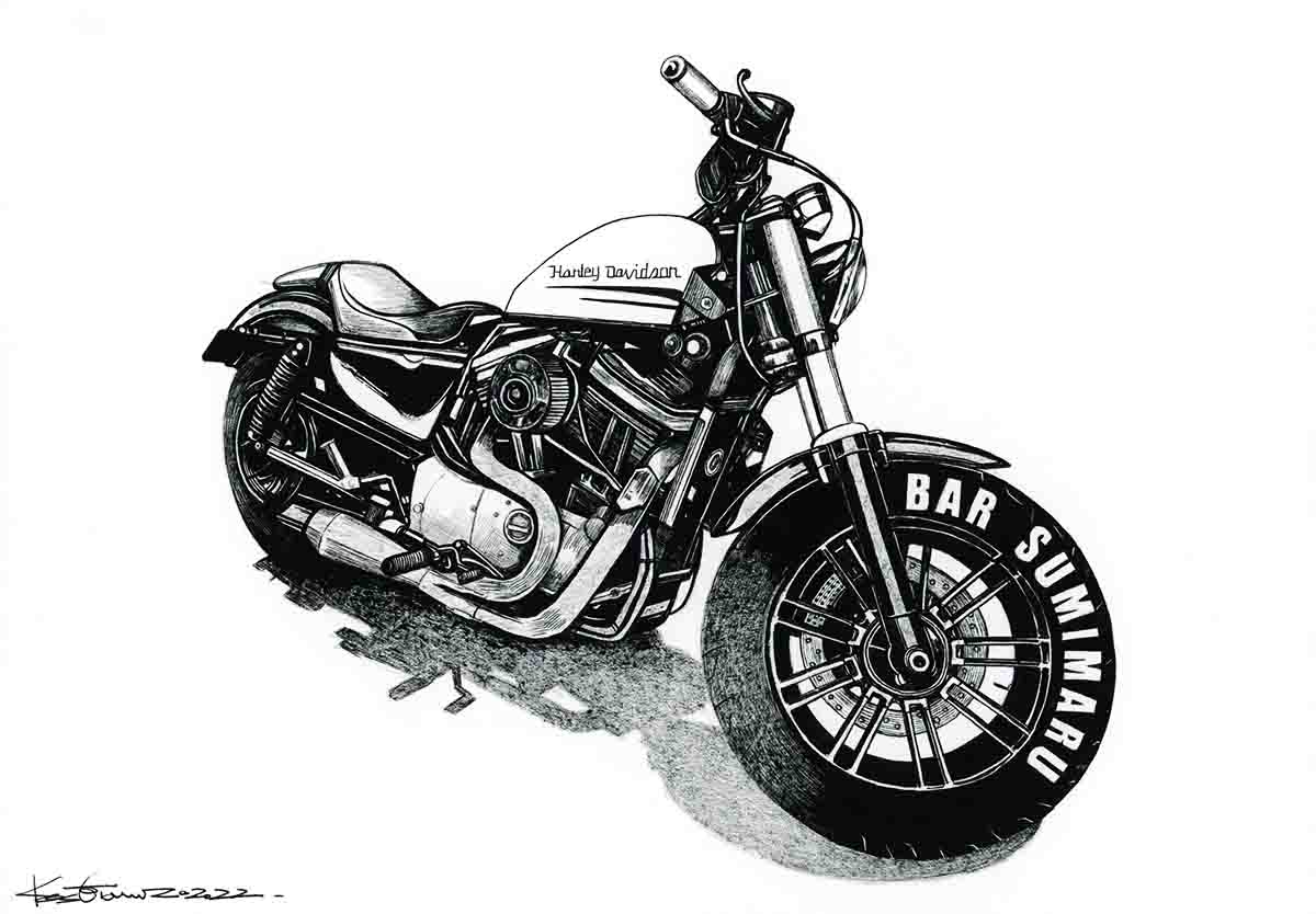 バイクイラスト 手描き モノクロ。クラシックな大型バイクをフロントから描いた精密なアート作品で、エンジンや細部までリアルに再現。