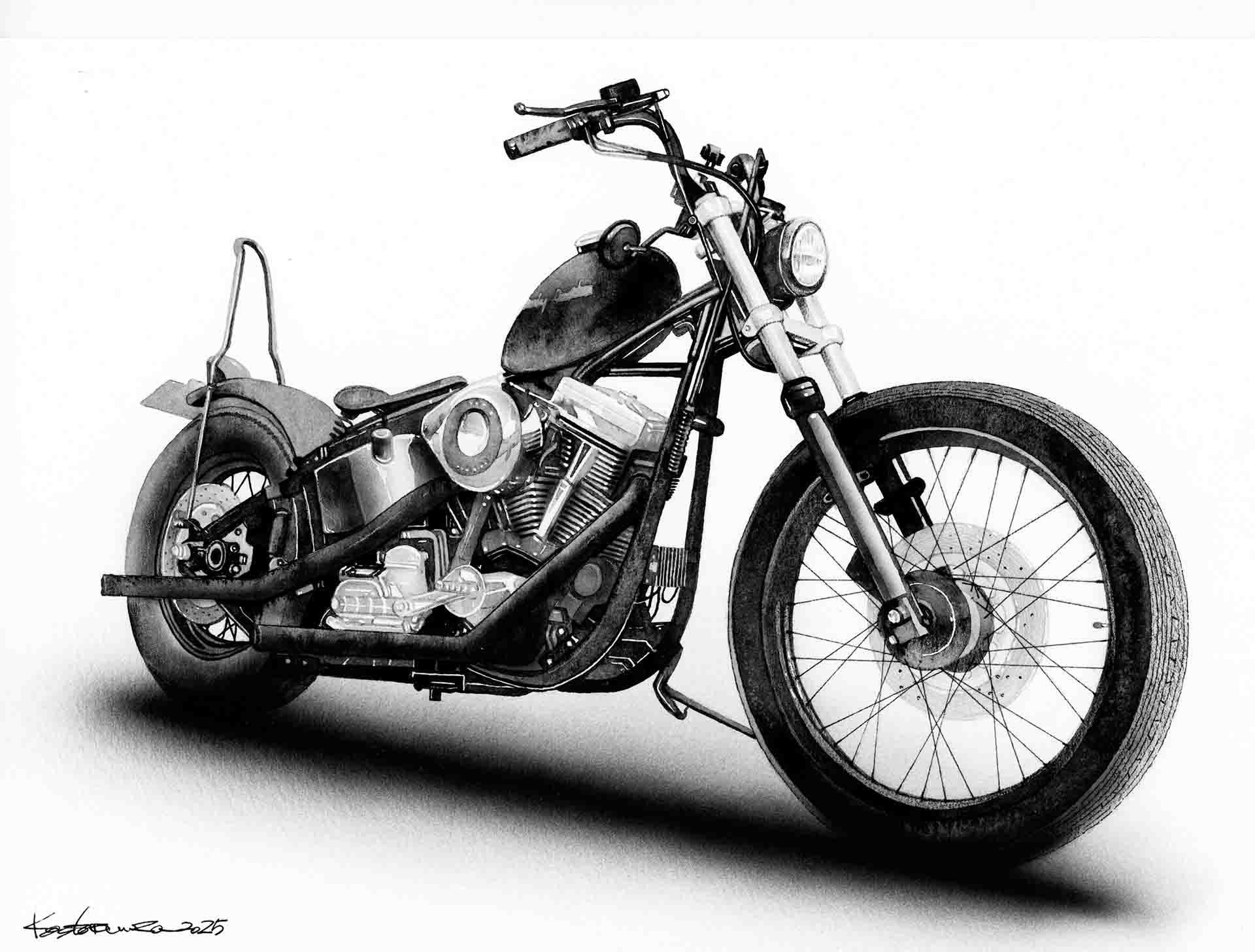 ハーレーを精密に描いたモノクロの手描きイラスト作品。エンジンやタイヤの溝まで細かく描き込んだ墨絵。