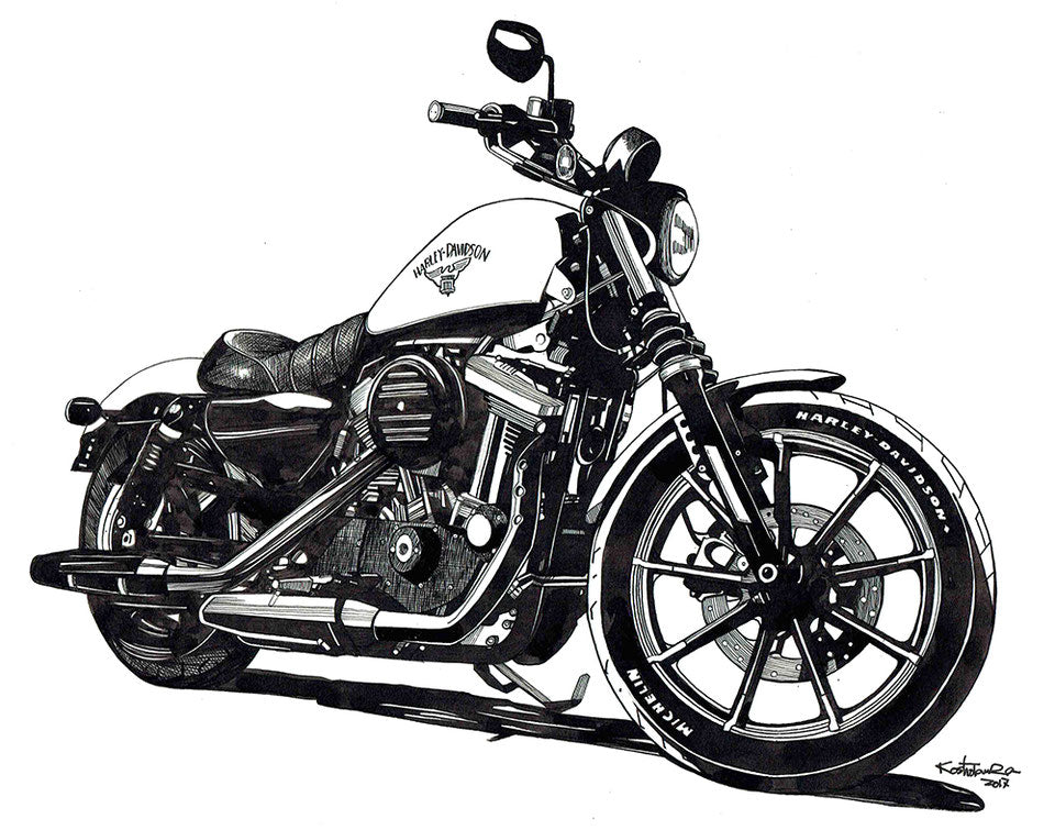 バイクイラスト 手描き モノクロ。クラシックな大型バイクをフロントから描いた精密なアート作品で、エンジンや装備の細部までリアルに再現。