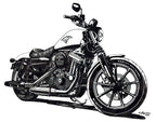 バイクイラスト 手描き モノクロ。クラシックな大型バイクをフロントから描いた精密なアート作品で、エンジンや装備の細部までリアルに再現。