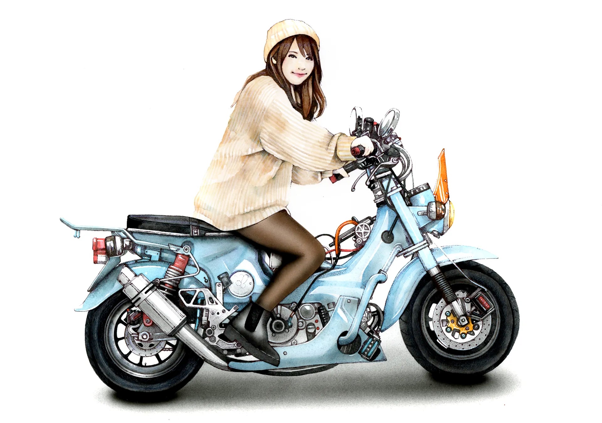 バイクと女性の手描きイラスト