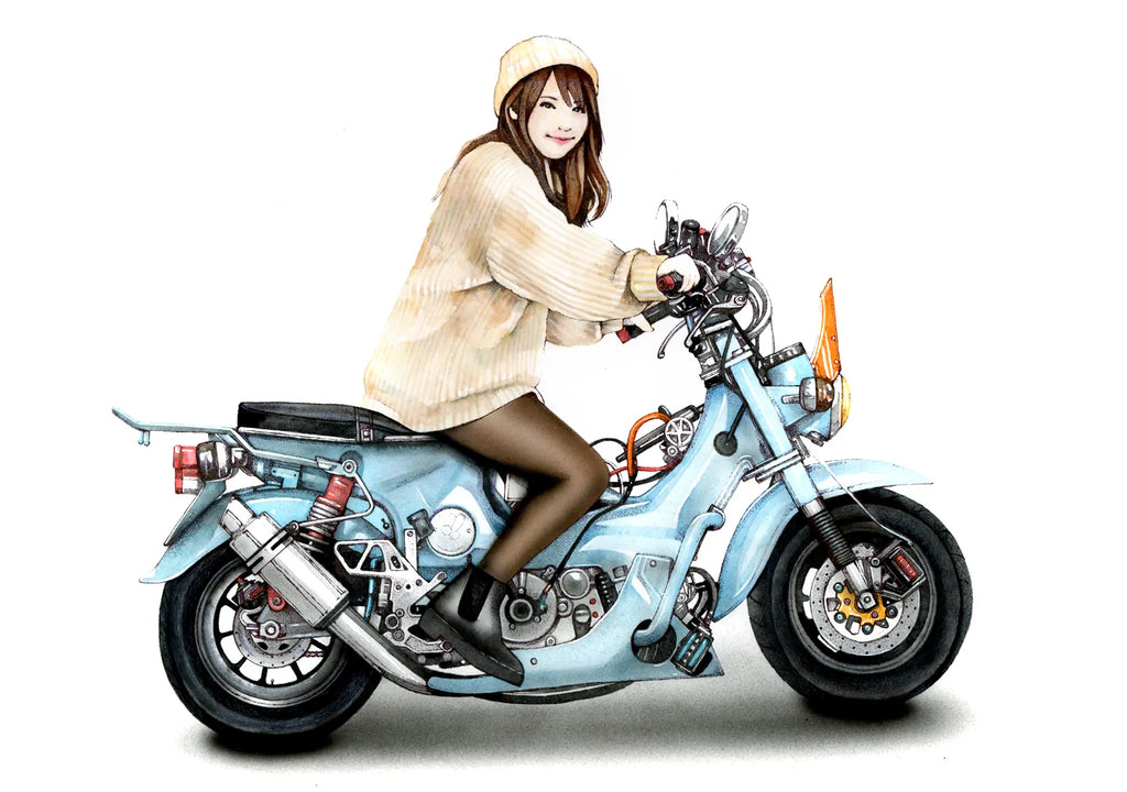 ホンダシャリーと女性の手描きバイク絵イラスト