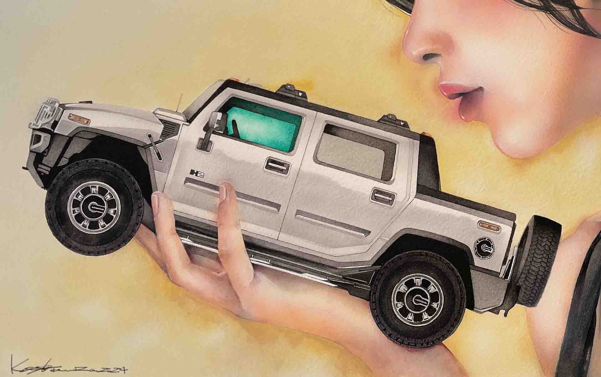 女性の手のひらに乗るハマーH2の水彩イラスト