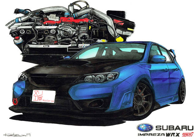 インプレッサWRXSTIとエンジンの車絵イラスト