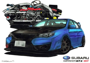 スバルWRXとエンジンを背景に描いたイラスト