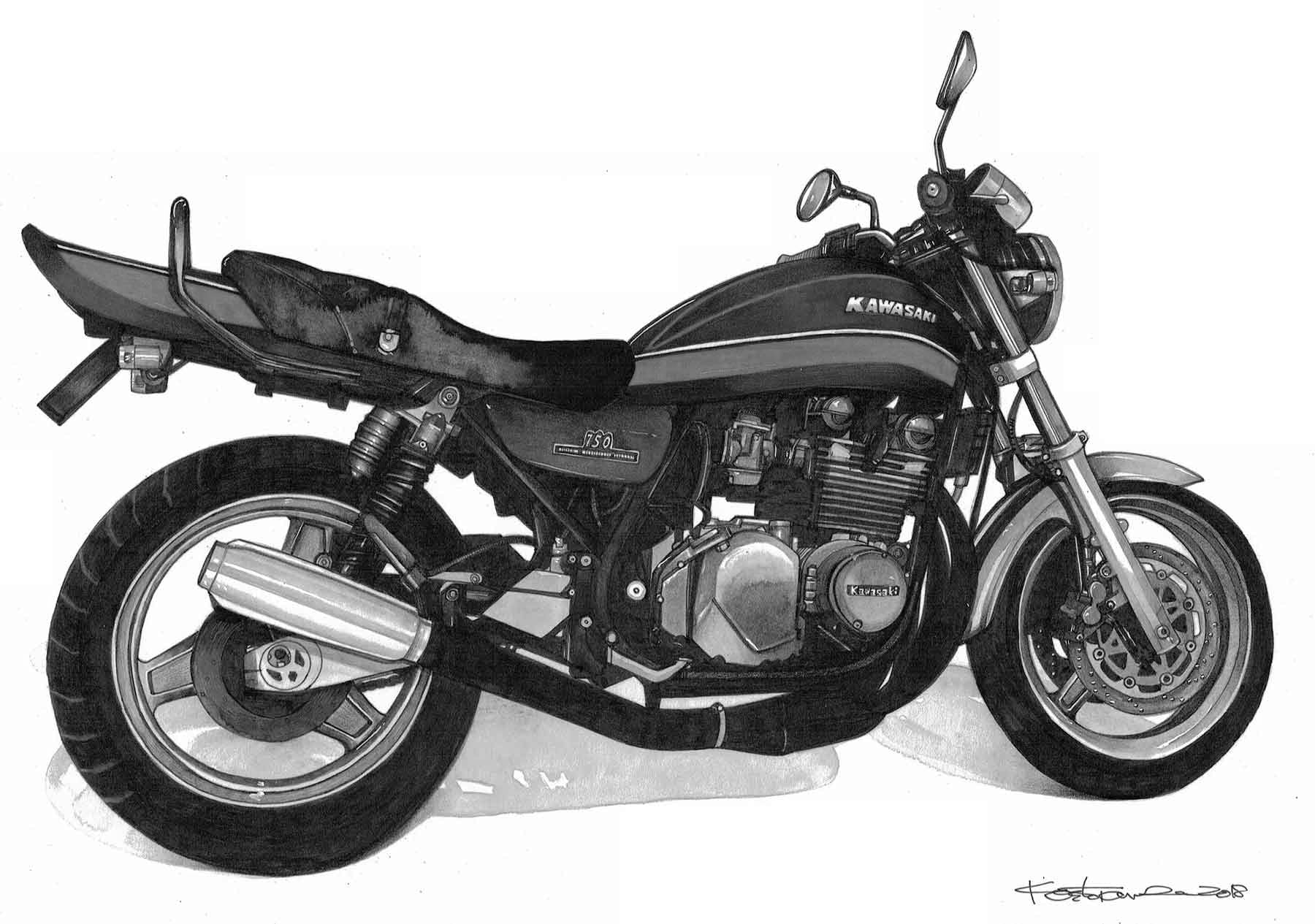 バイクイラスト制作のサンプル画像。カワサキZⅡをモノクロで精密に描いた手描き作品