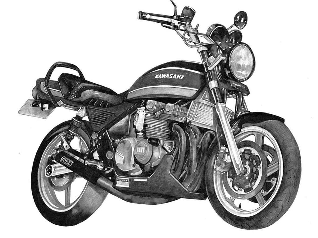 バイクイラスト制作のサンプル画像。カワサキの大型バイクをモノクロで精密に描いた手描き作品