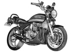 バイクイラスト制作のサンプル画像。カワサキの大型バイクをモノクロで精密に描いた手描き作品