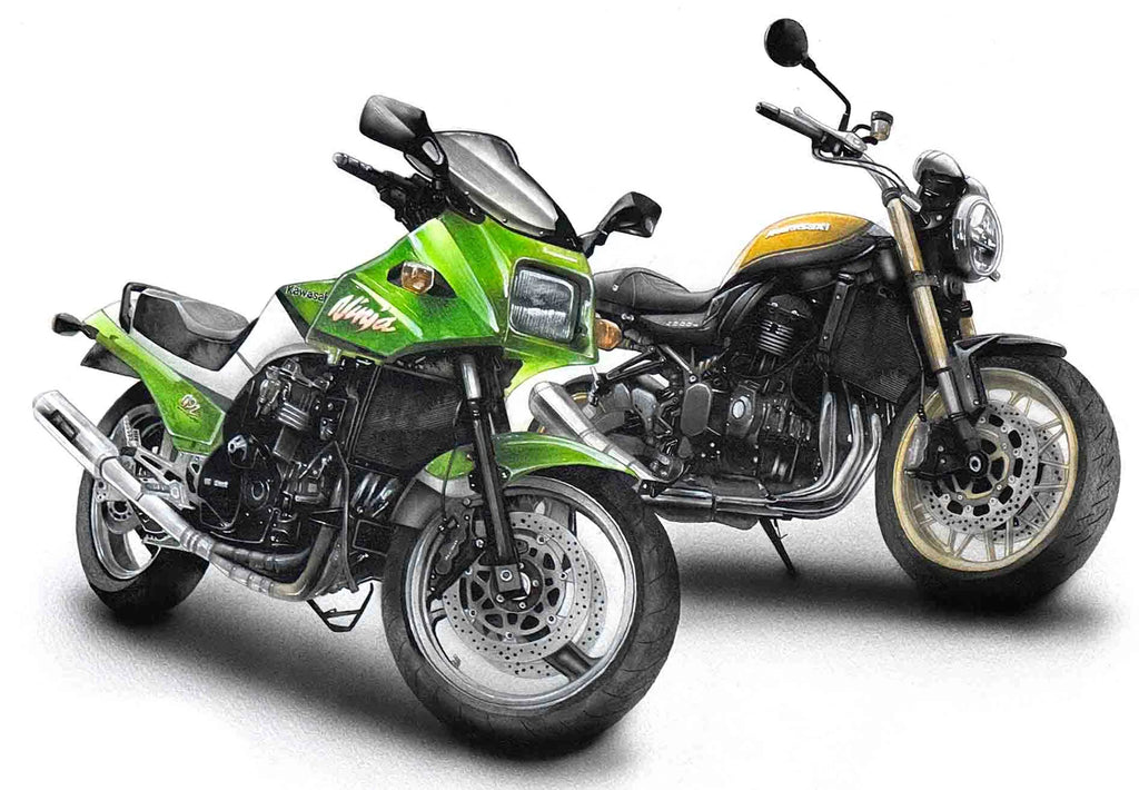 カワサキバイク2台のオーダー手描きバイク絵イラスト