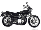 バイクの手描きイラスト作品（モノクロ）。クラシックなカワサキのバイクをリアルに描いたアートで、インテリアやギフトにもおすすめ。