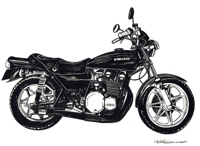 バイクの手描きイラスト作品（モノクロ）。クラシックなカワサキのバイクをリアルに描いたアートで、インテリアやギフトにもおすすめ。