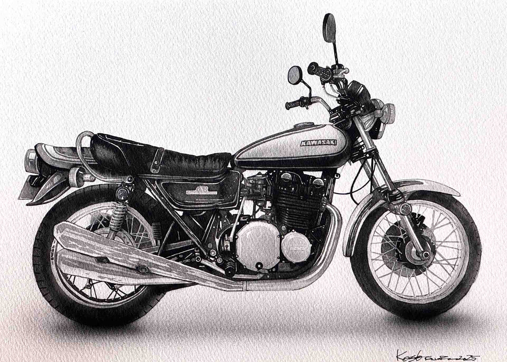 バイクイラスト制作のサンプル画像。クラシックな大型バイクをモノクロで精密に描いた手描き作品