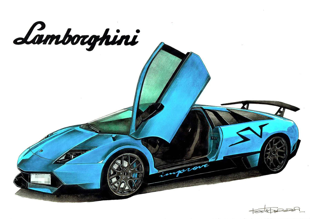 ランボルギーニアヴェンタドールの水彩画の車絵イラスト