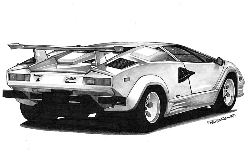 手描きでリアルに描かれたカウンタックのモノクロイラスト｜精密な自動車アート作品