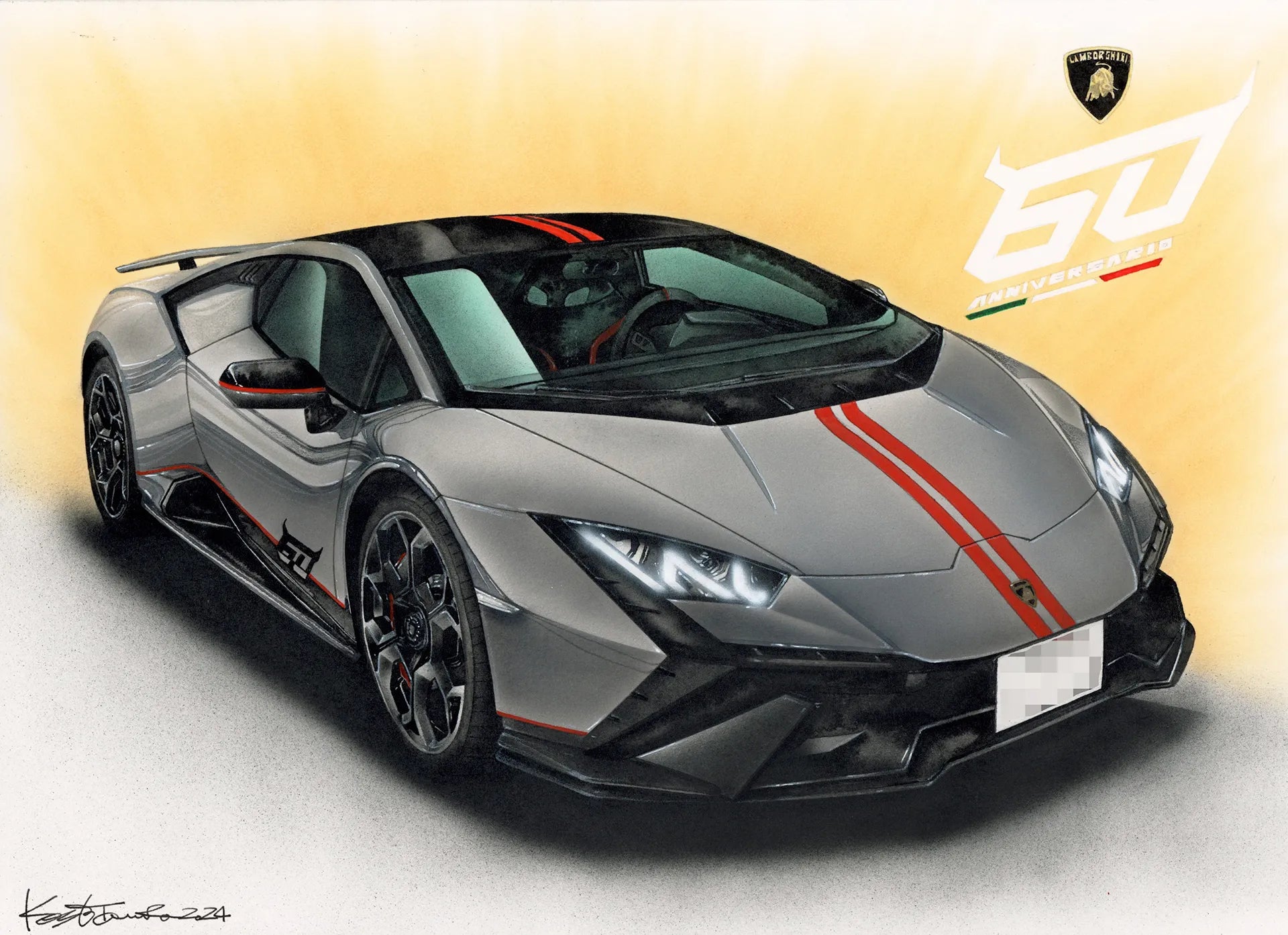 ランボルギーニうウラカンテクニカ60周年記念モデルの手描き水彩画アート