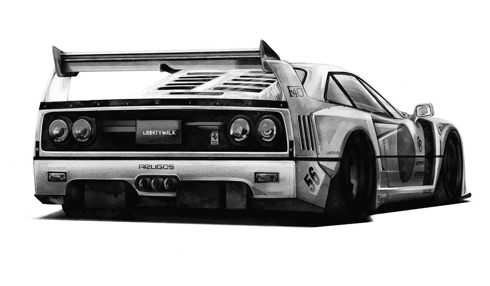 手描きでリアルに描かれたF40のモノクロイラスト｜精密な自動車アート作品