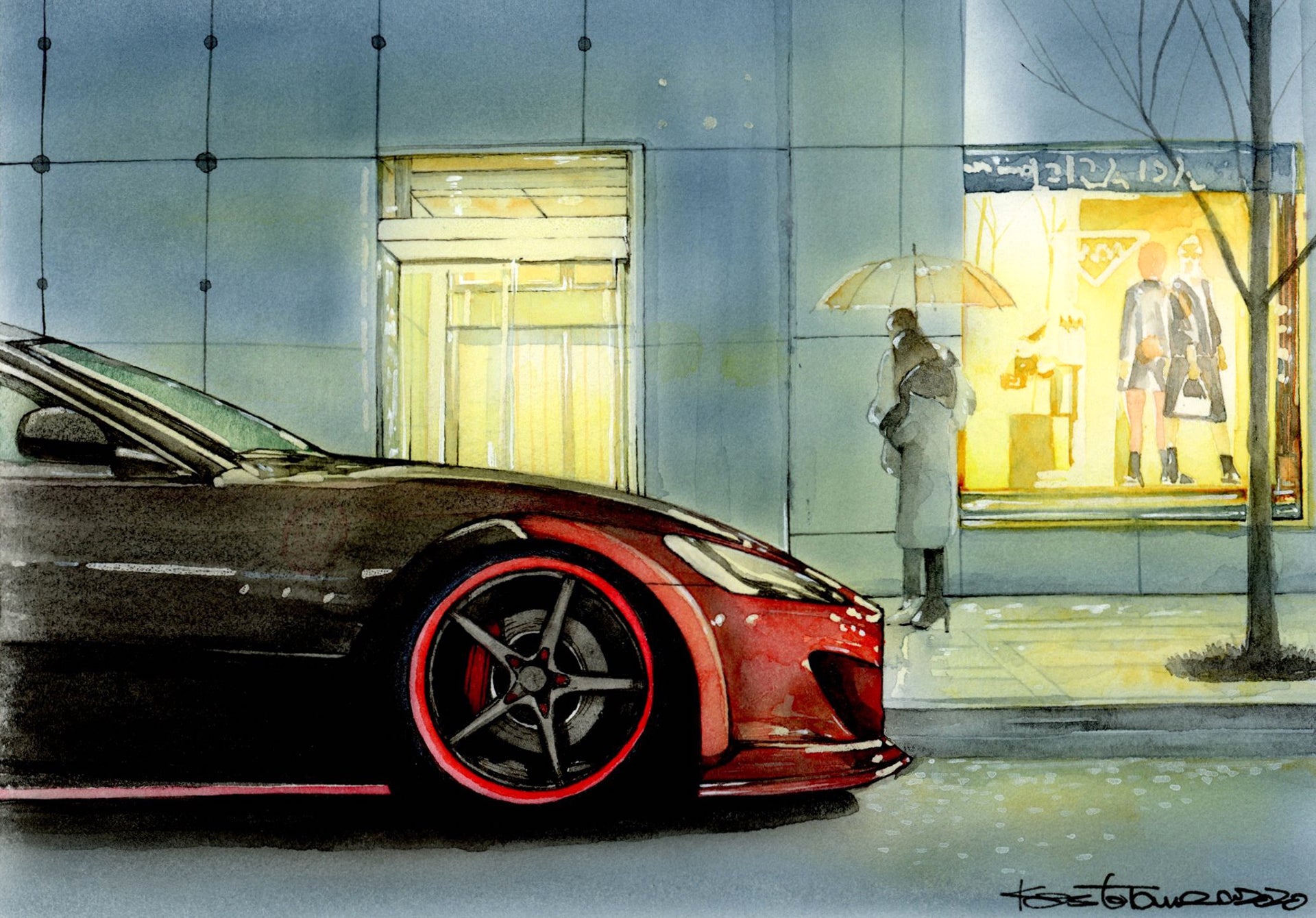 車と夜景を描いたオーダーイラスト