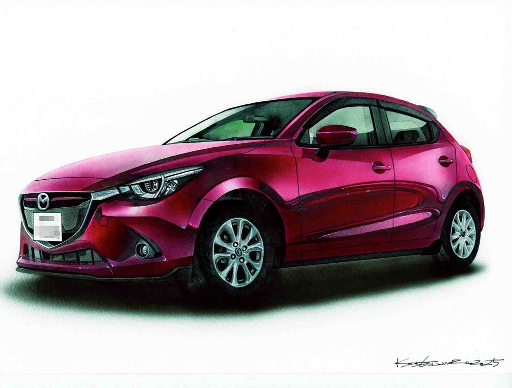 マツダデミオの手描きオーダー車絵イラスト