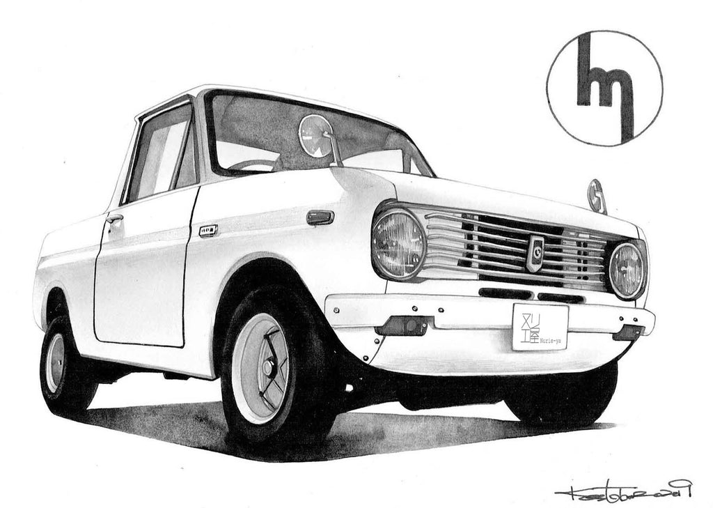 愛車のマツダポータートラックを形にしたリアルな手描き車イラスト｜誕生日や記念日のプレゼントにおすすめ